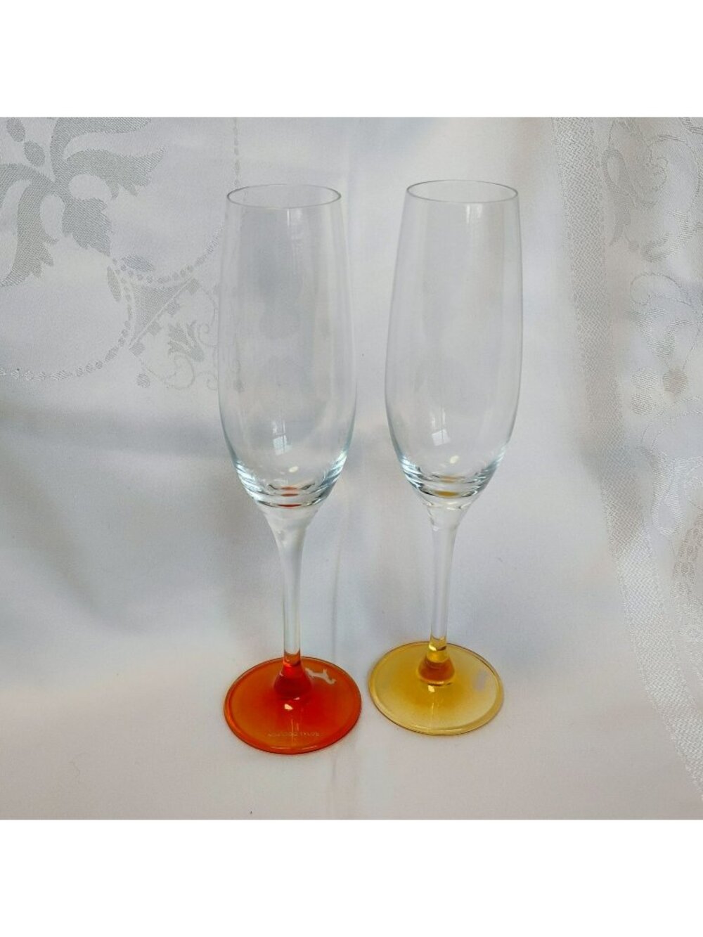 Royal Doulton Set Of 2 Champagne Flutes, Yellow Orange Glass, Pop in for Drinks